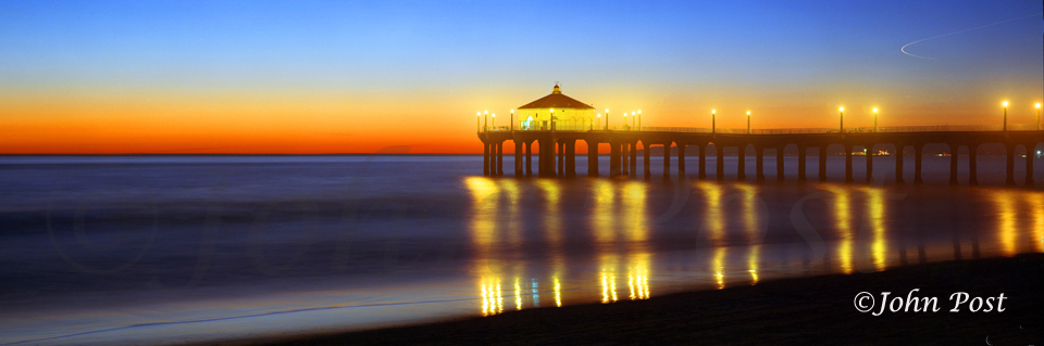 Manhattan Beach Pier Lights Reflections and Airplane Trail